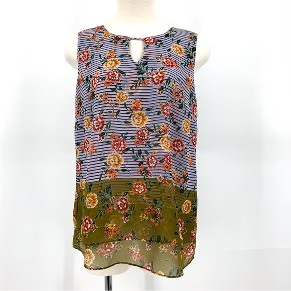 Cabi Penelope Top # 5354, Floral & Striped Print Sleeveless Layered Top, Small - Picture 3 of 16
